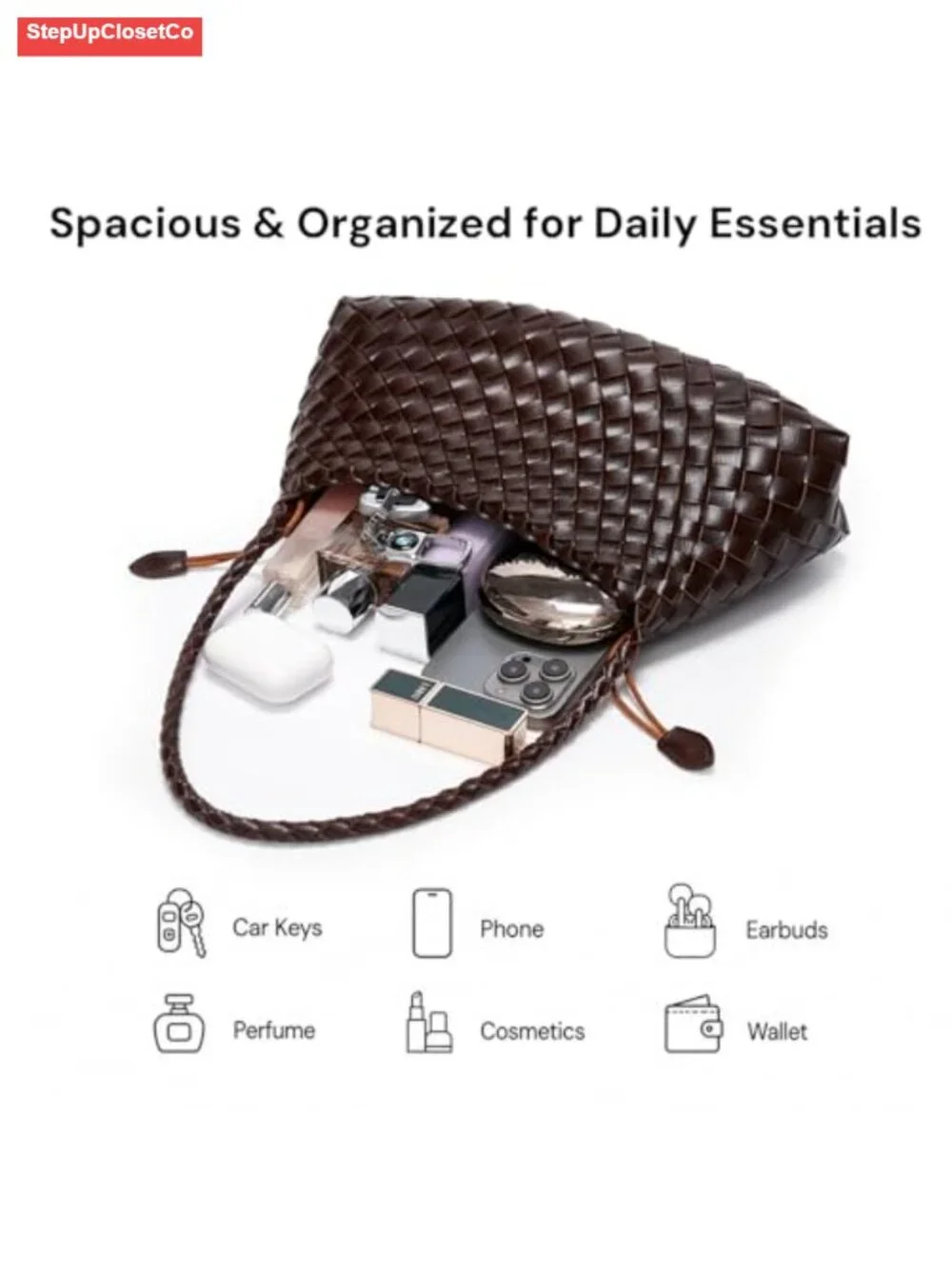 Woven Vegan Leather Hobo Handbag with Drawstring Pouch, Shoulder & Clutch